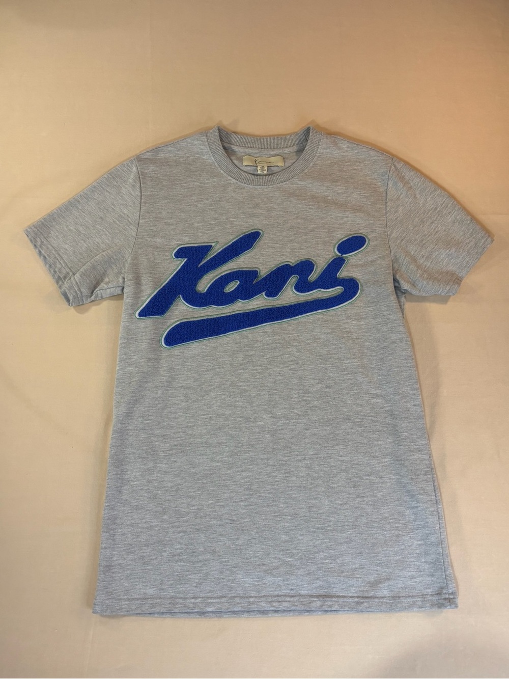 Karl Kani Vintage Y2K Men's Gray Tee with Blue Kani Script Logo Size Medium